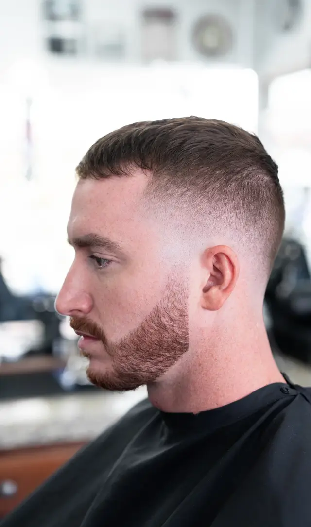 Skin fade crew cut with beard line-up by Mike Prosch, Palm Springs barber